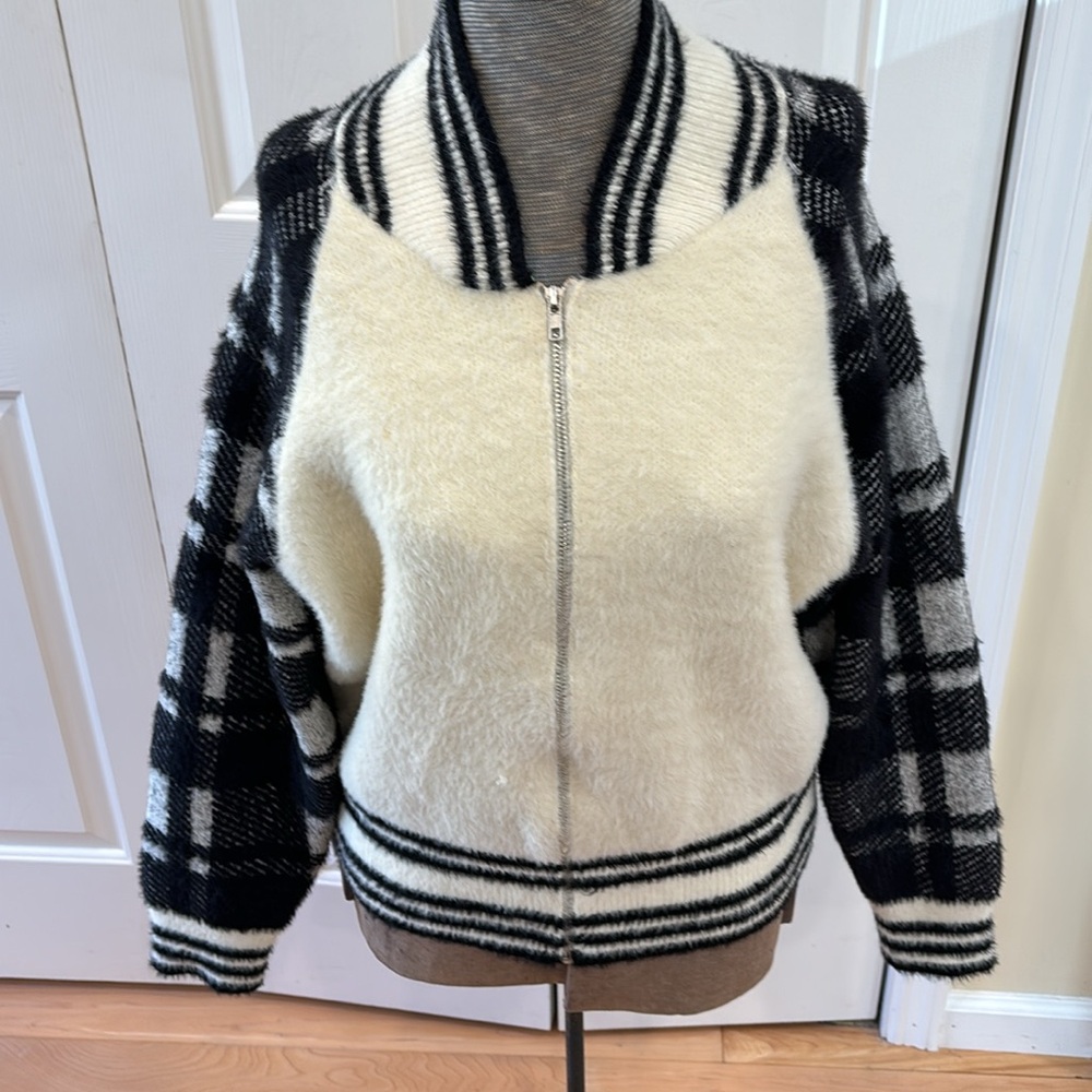 Lili Sidonio Molly Bracken black & cream faux fur striped varsity jacket
